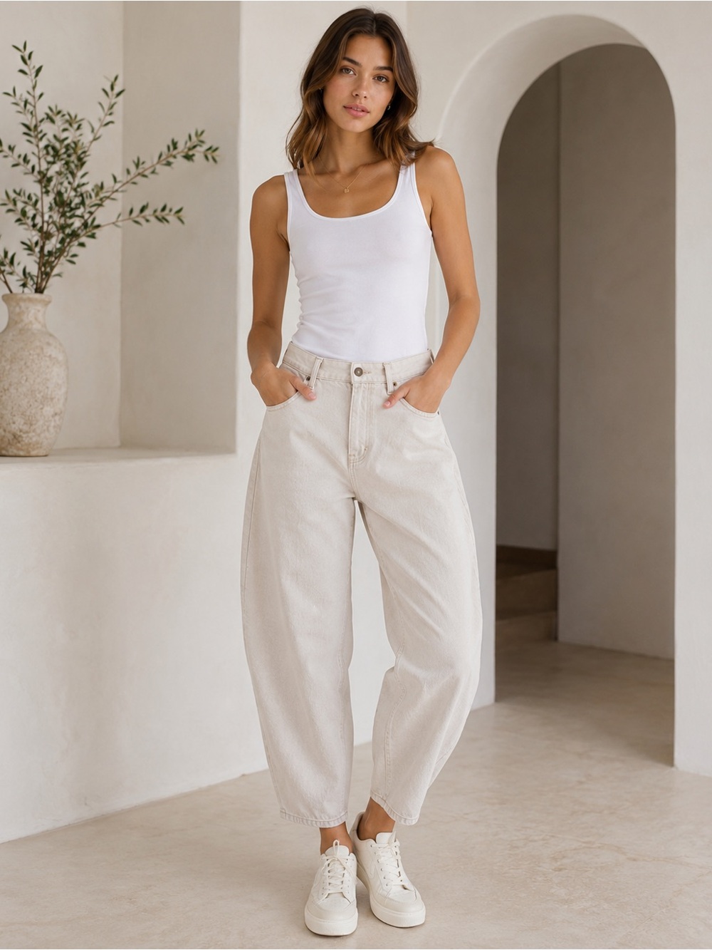 Miou Muse Beige Barrel Leg Jeans M High Rise Cropped Cotton Pants P2991